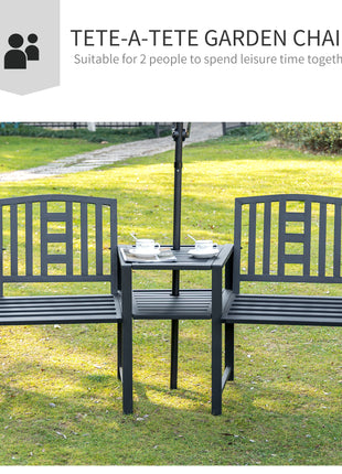 Metal Garden Bench with Middle Table and Umbrella Hole, 2-in-1 Double Patio Chairs, Outdoor 2-person Tete-a-Tete, Slatted, Black