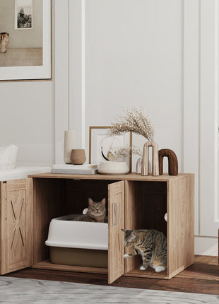 Cat Litter Box Enclosure with Scratching Board, Cat Washroom End Side Table, 31.5" x 19" x 20", Walnut Brown