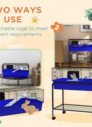 Two-Story Small Animal Cage Removable from Stand, Pet Habitat with Shelf & Wheels, 33" x 18.5" x 35", Blue