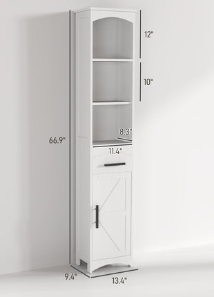 Farmhouse Tall Slim Bathroom Storage Cabinet with Recessed Drawer, Narrow Cabinet with Barn Door, White
