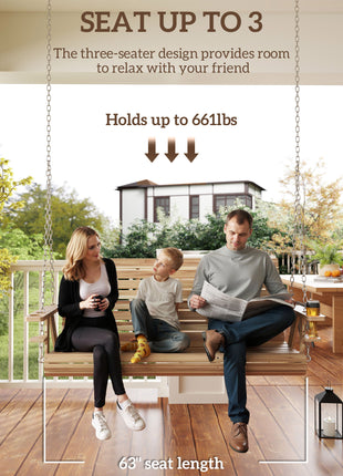3-Seater Swing Bench, Wooden Porch Swing with Cupholders, Hanging Chains for Patio Garden, Nature Wood