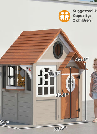 Outdoor Playhouse, Wooden Kids Playhouse with Dog Door, Cookware, Blackboard, Clock, Tic-Tac-Toe Roller for Backyard
