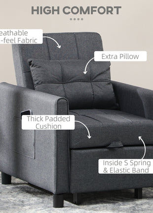 3-in-1 Convertible Chair Bed, Multi-Functional Single Sofa Bed, Pull Out Sleeper Chair with Adjustable Backrest, Pillow, and Pockets, Gray