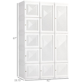Portable Wardrobe Closet, Folding Clothes Storage Organizer with 8 Cube Compartments, 2 Hanging Rods, White