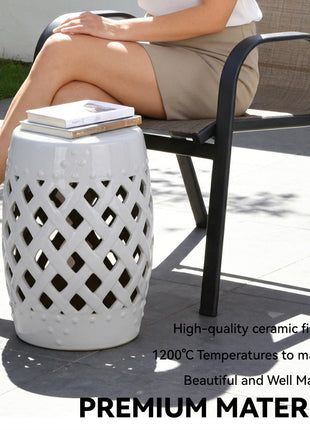 13" x 18" Ceramic Garden Stool with Woven Lattice Design & Glazed Strong Materials Decorative Outdoor Stool, White