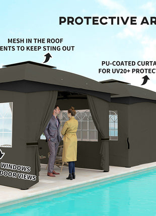 11' x 11' Outdoor Gazebo, Double Roof Patio Gazebo with Curtains, Church Windows, Galvanized Steel Frame, Dark Gray