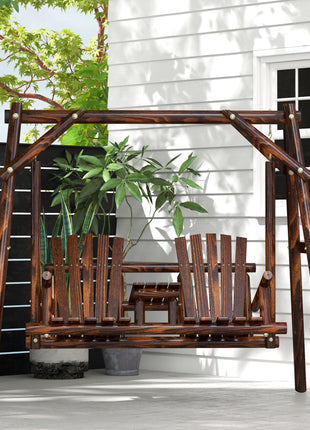 Wooden Porch Swing with Stand, 2-Seat Patio Swing Chair with Center Table, for Garden, Poolside, Backyard