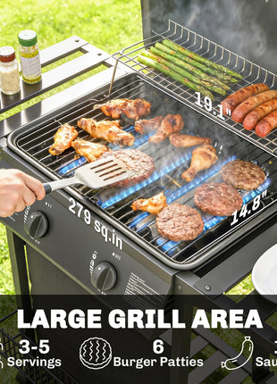 2 Burner Propane Gas Grill, 18000 BTU BBQ Grill with Wheels, Warming Rack, Shelf, Thermometer, Grease Cup, Black
