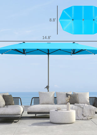 15ft Double-Sided Outdoor Umbrella with Solar Lights, UPF50+ Extra Large Aluminum Patio Umbrella with Crank, Blue