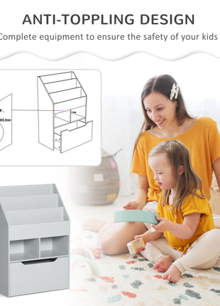 Kids Bookcase Multi-Shelf Book Rack with Mobile Drawer for Books, Toy , Gray