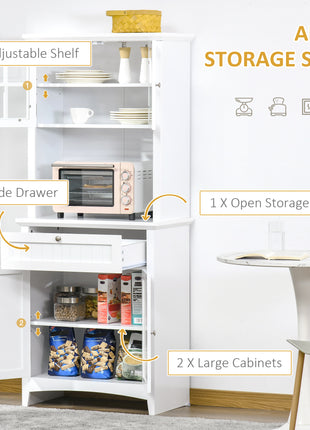 Kitchen Buffet Hutch Cabinet, Freestanding Kitchen Pantry Storage Cabinet Cupboard with Framed Glass Door, Drawer and Microwave Space, White
