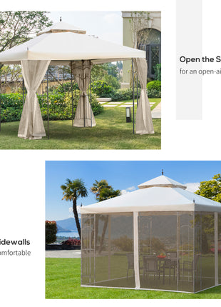 10' x 10' Patio Gazebo with Corner Frame Shelves, Double Roof Outdoor Gazebo Canopy Shelter with Netting for Patio, Wedding, Catering & Events, Cream White