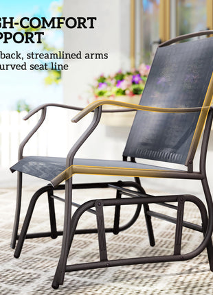 3 Piece Outdoor Glider Chair with Coffee Table Bistro Set, 2 Patio Rocking Swing Chairs with Breathable Sling Fabric, Glass Tabletop, for Backyard, Garden and Porch, Gray