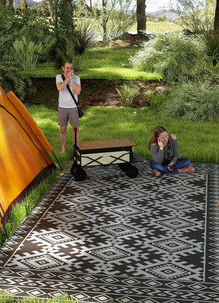 Reversible Outdoor Rug, Waterproof Plastic Straw with Carry Bag, 9' x 18', Black & Gray Rhombus Border