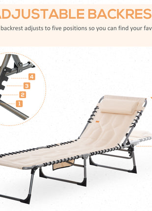 Padded Folding Chaise Lounge Chair, Outdoor 6-Level Reclining Camping Tanning Chair with Headrest for Beach, Yard, Patio, Pool, Beige