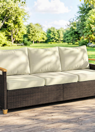 3 Seater Outdoor Couch Sofa, PE Wicker Patio Sofa, Wide Deep Seat, 4" Cushions, Wood-Effect Armrests Legs, Beige