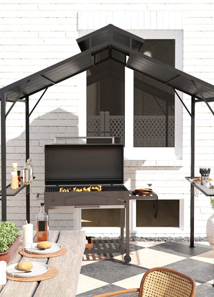 8 x 5ft Hardtop Grill Gazebo with Double Metal Roof, 2 Side Shelves and 10 Hooks for Patio Backyard Lawn Deck