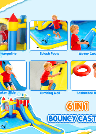 6 in 1 Inflatable Water Slide Park with Splash Pools, 2 Slides, Trampoline, Climbing Wall, Cannon, Basketball Hoop