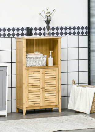 Bamboo Floor Cabinet Bathroom Floor Cabinet Living Room Organizer Tower with Multiple Shelves and Doors, Natural