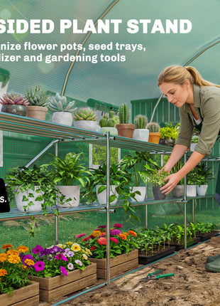 10'x11'x6' Walk-in Tunnel Greenhouse with Shelves, Mesh Door and Windows, Plant Hot House with PE Cover, Green
