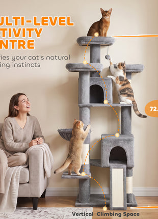 72" Cat Tree, Large Cat Tower with 2 Condos, 3 Padded Beds, Hammock, 3 Scratching Posts and Ladder