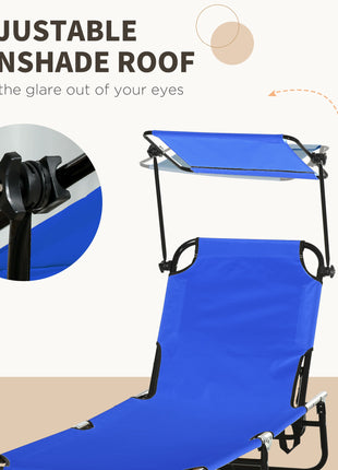 Pool Chaise Lounge Chairs Set of 2, Folding Lounge Chairs with Sunshade, Reclining Back, Steel Frame, Blue