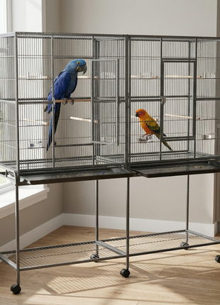 Rolling 65"L Bird Cage w/ Storage Shelf Wood Perch Food Container