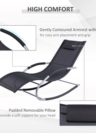 Zero Gravity Rocking Chair Outdoor Chaise Lounge Chair Recliner Rocker with Detachable Pillow and Weather-Fighting Fabric for Patio, Deck, Pool, Black