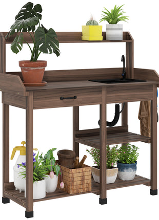 Potting Bench Table, Outdoor Garden Table Wooden Work Station with Removable Sink, Faucet, Drawer, Shelves, Hooks, Dark Brown