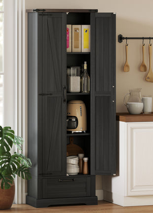 71" Pantry Cabinet, Kitchen Storage Cabinet with Adjustable Shelves, Barn Doors and Drawer for Dining Room, Black