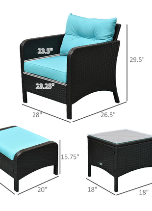 5 Pieces Rattan Wicker Lounge Chair Outdoor Patio Conversation Set with 2 Cushioned Chairs, 2 Ottomans and Tempered Glass Top Coffee Table, Brown/Blue