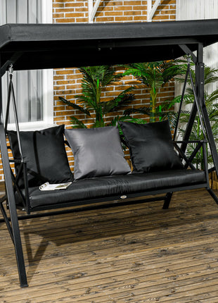 3-Seat Patio Swing Chair, Porch Swing Glider with Cushion, 3 Throw Pillows & Adjustable Canopy for Porch, Garden, Poolside, Backyard, Black