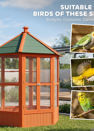 69" Wooden Hexagonal Outdoor Aviary Flight Bird Cage With Covered Roof, Brown