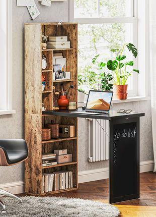Fold-out Convertible Home Office Desk, Computer Desk with Blackboard and Side Shelf, Rustic Brown