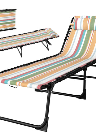 Folding Chaise Lounge Pool Chair with 4-Position Reclining Back, Pillow, Breathable Mesh & Bungee Seat, Rainbow Striped