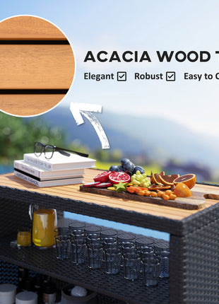 Outdoor Storage Cabinet with Acacia Wood Top, Two Doors, Shelf, Wicker Bar Table for Pool Towel Storage, Black