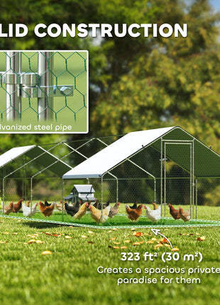 Large Chicken Coop with Waterproof and Anti-UV Cover, Spire Shaped for Outdoor and Yard Farm Use, 33' x 10' x 6.4'