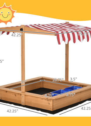 Kids Wooden Sandbox with Adjustable Height Cover and Toy Bin Storage, Children Sand Play Station Outdoor,Bottom Liner, for Backyard, Ages 3-7