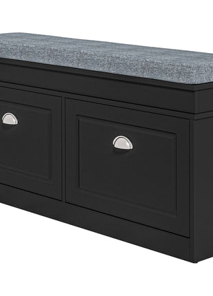 Modern Shoe Storage Bench, Entry Way Bench with Cushion, 2 Drawers, Storage Ottoman Bench, Holds 8 Pairs, Black