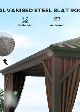 10' x 10' Hardtop Gazebo Canopy, Permanent Pavilion with Hook, Curtains, Aluminum Frame for Patio, Garden, Dark Brown