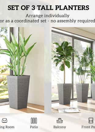 22.8 Inch Set of 3 Outdoor Planters with Stone Finish and Wheels, Stackable Tapered Planters with Drainage Hole, Gray