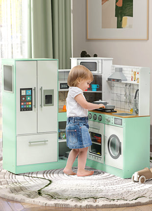 Play Kitchen, Corner Kids Kitchen Playset w/ Chalkboard, Range Hood, Ice Maker, Stove, Microwave, Sound & Lights
