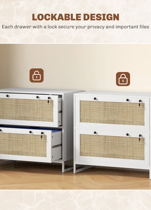 Lockable Filing Cabinet, Boho 2 Drawer File Cabinet with Adjustable Hanging Bar for Letter, A4 and Legal Size, White