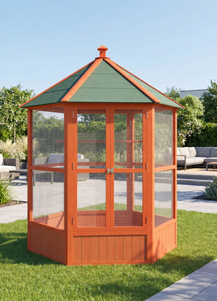 69" Wooden Hexagonal Outdoor Aviary Flight Bird Cage With Covered Roof, Brown