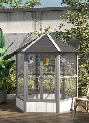 69" Wooden Hexagonal Outdoor Aviary Flight Bird Cage With Covered Roof, Light Gray