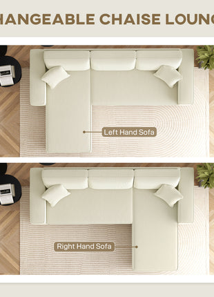 Corner Sofa with Reversible Chaise Lounge, Corduroy L-Shaped Sectional Sofa with Pocket Spring, Cream White