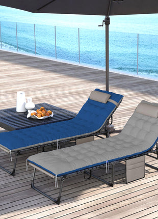 Outdoor Chaise Lounge Chair Set of 2, 5-Level Adjustable Folding Pool Lounge Chairs with Cushions, Brown/Blue