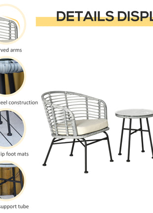 3 Piece Patio Bistro Set, PE Rattan with Cushioned Barrel Chairs & Glass Coffee Table, Conversation Set, Cream White