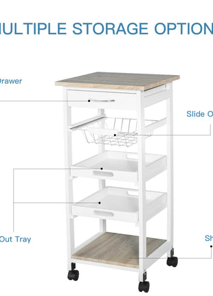 Mobile Kitchen Cart, Rolling Kitchen Island with Storage, Solid Wood Frame Utility Cart with Wire Fruit Baskets, Trays and Drawer, White