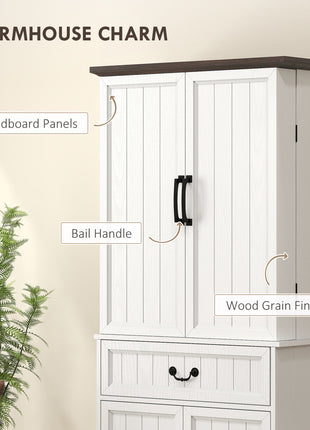 71" LED Kitchen Pantry Cabinet, Farmhouse Storage Cabinet with Door Shelves, Distressed White